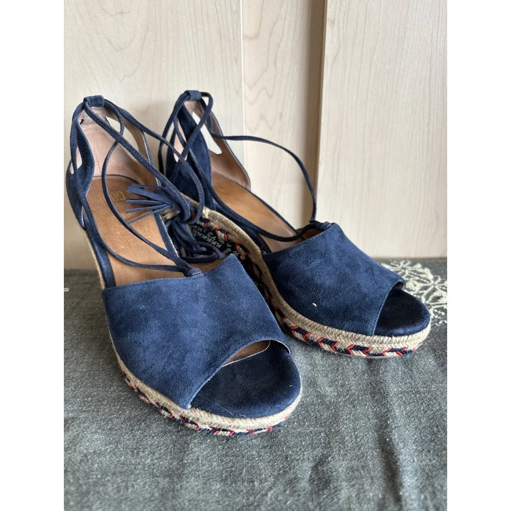 Cabi Isla Blue Suede Aztec Espadrille Wedge Heel Tie Up Womens‎ Sz 7M #6001